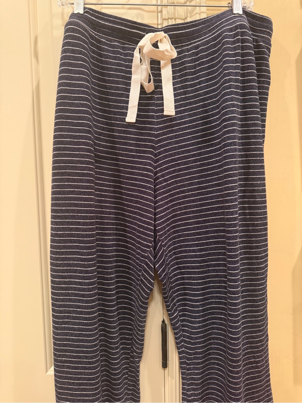 Striped Navy Knit Lounge Pants with White Drawstring, lightweight terry